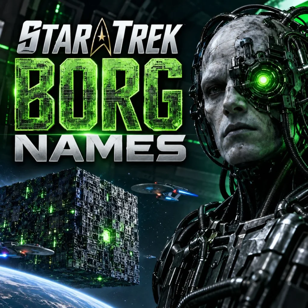 Star Trek Borg names with a cybernetic Borg character, Borg cube, and futuristic space background
