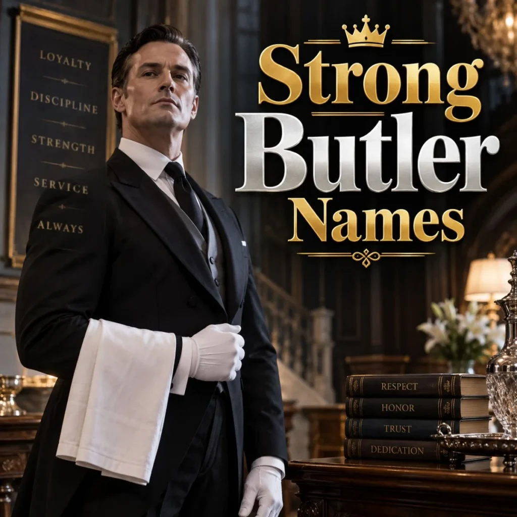 Strong butler names featured with a distinguished butler in a luxurious classic manor
