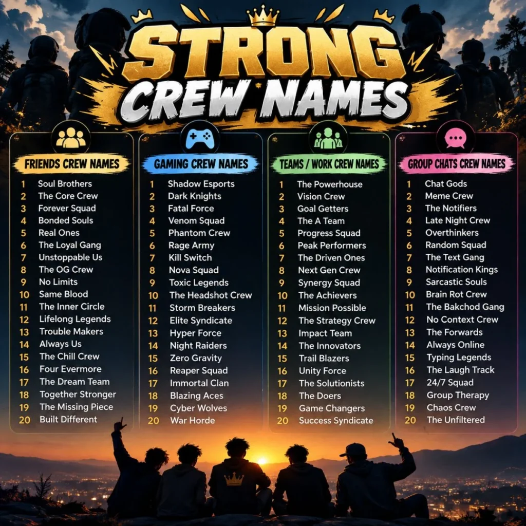 Strong crew names for friends, gaming teams, work groups, and group chats