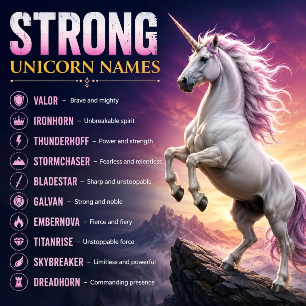 Strong unicorn names with a powerful white unicorn against a dramatic fantasy mountain backdrop