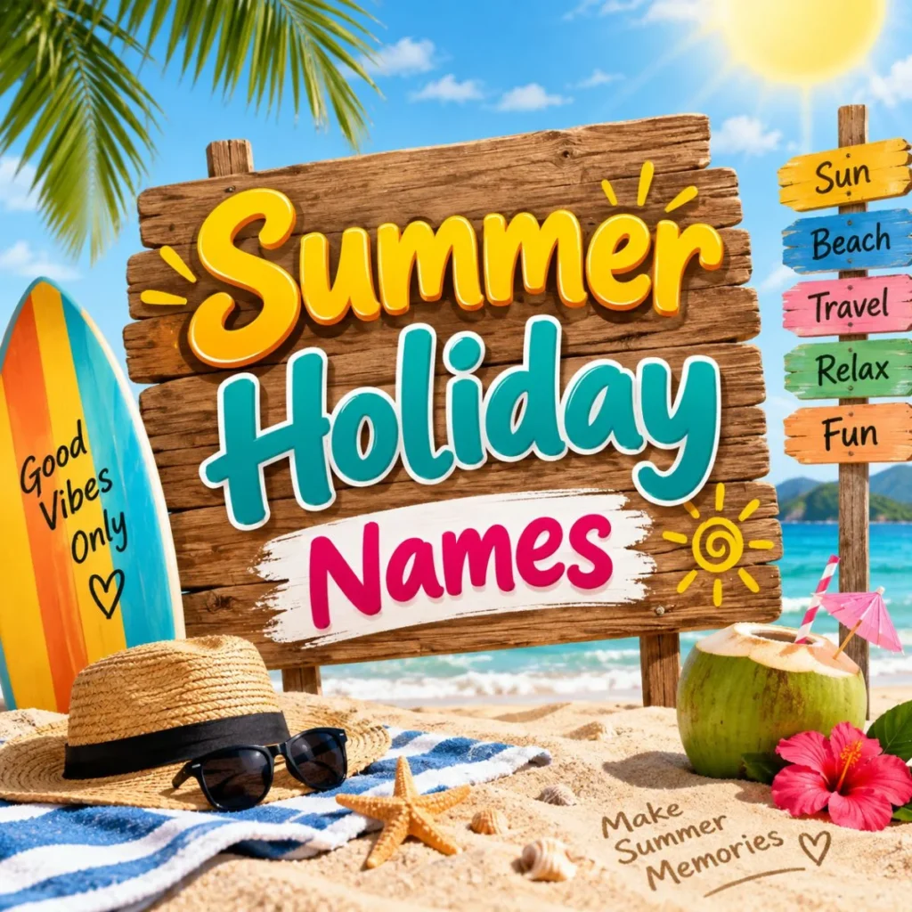 Colorful summer holiday names sign on a sunny tropical beach with palms, surfboard, and beach accessories