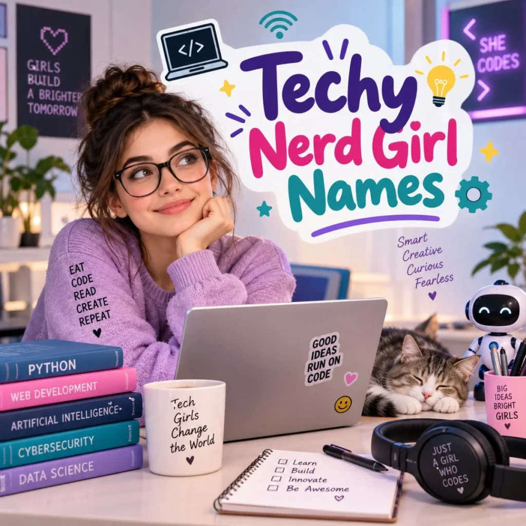 Techy nerd girl names with a smart girl coding at a colorful tech-inspired desk