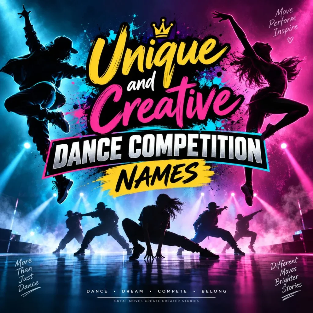 Unique and creative dance competition names with dynamic dancers on a vibrant stage