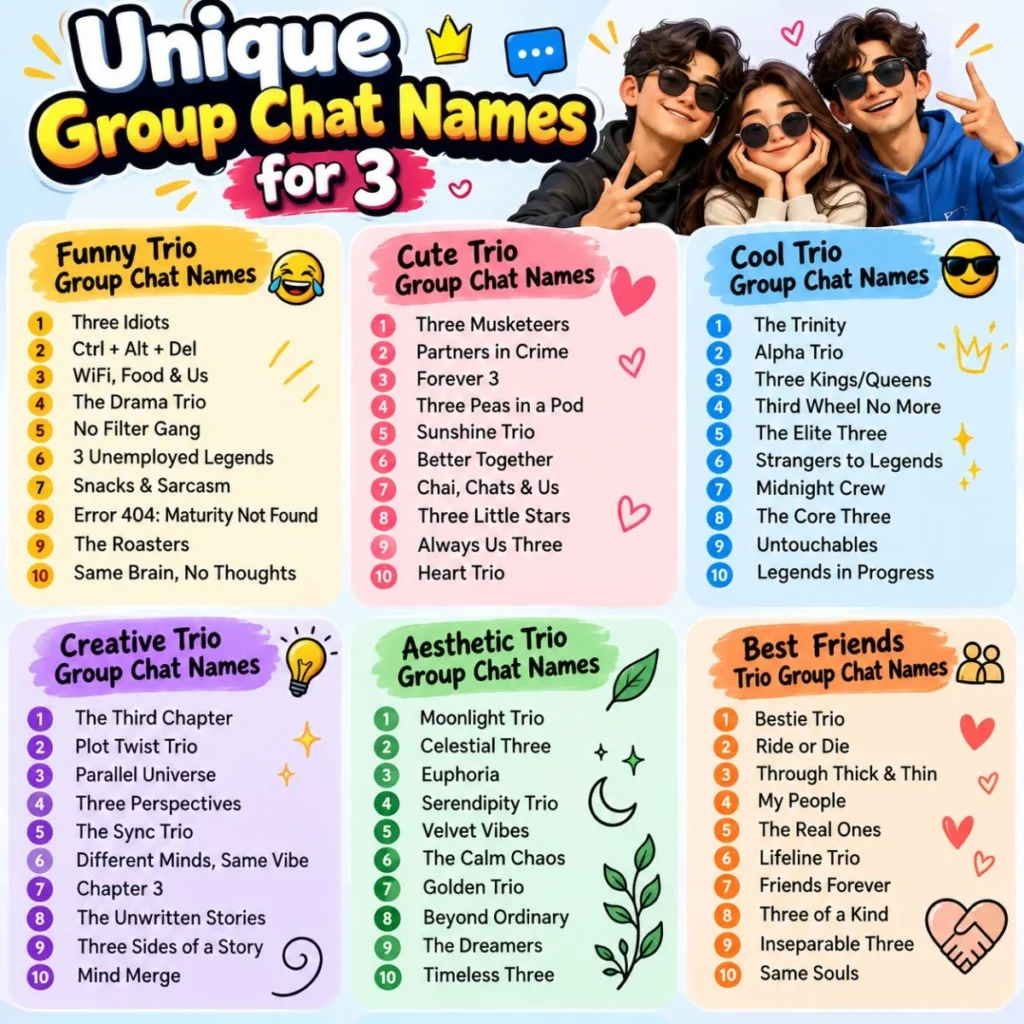 Unique group chat names for 3 friends featuring funny, cute, cool, creative, and aesthetic trio ideas