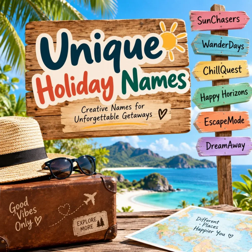 Unique holiday names with colorful travel signs, tropical beach, suitcase, and vacation theme