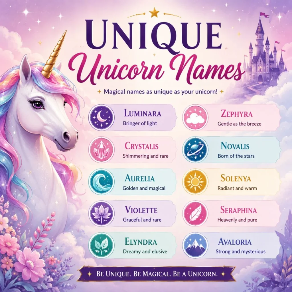 Unique unicorn names with meanings featured in a magical pastel unicorn infographic