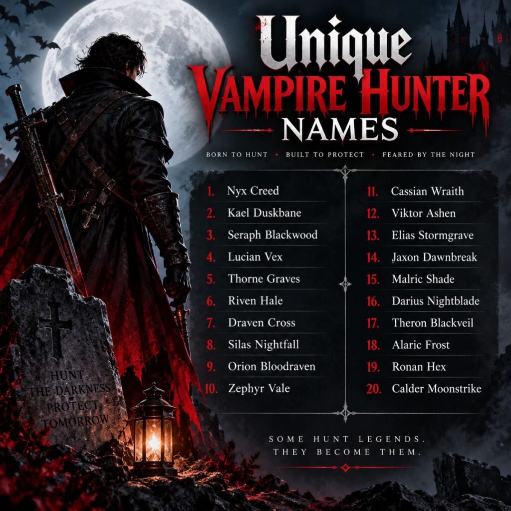 Unique vampire hunter names displayed on a dark gothic poster with a mysterious vampire hunter