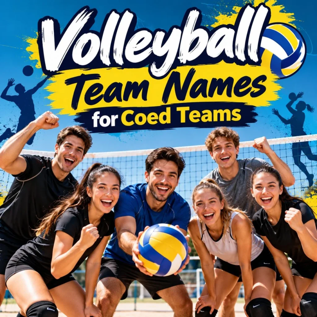 Volleyball team names for coed teams with diverse players posing on a sunny volleyball court