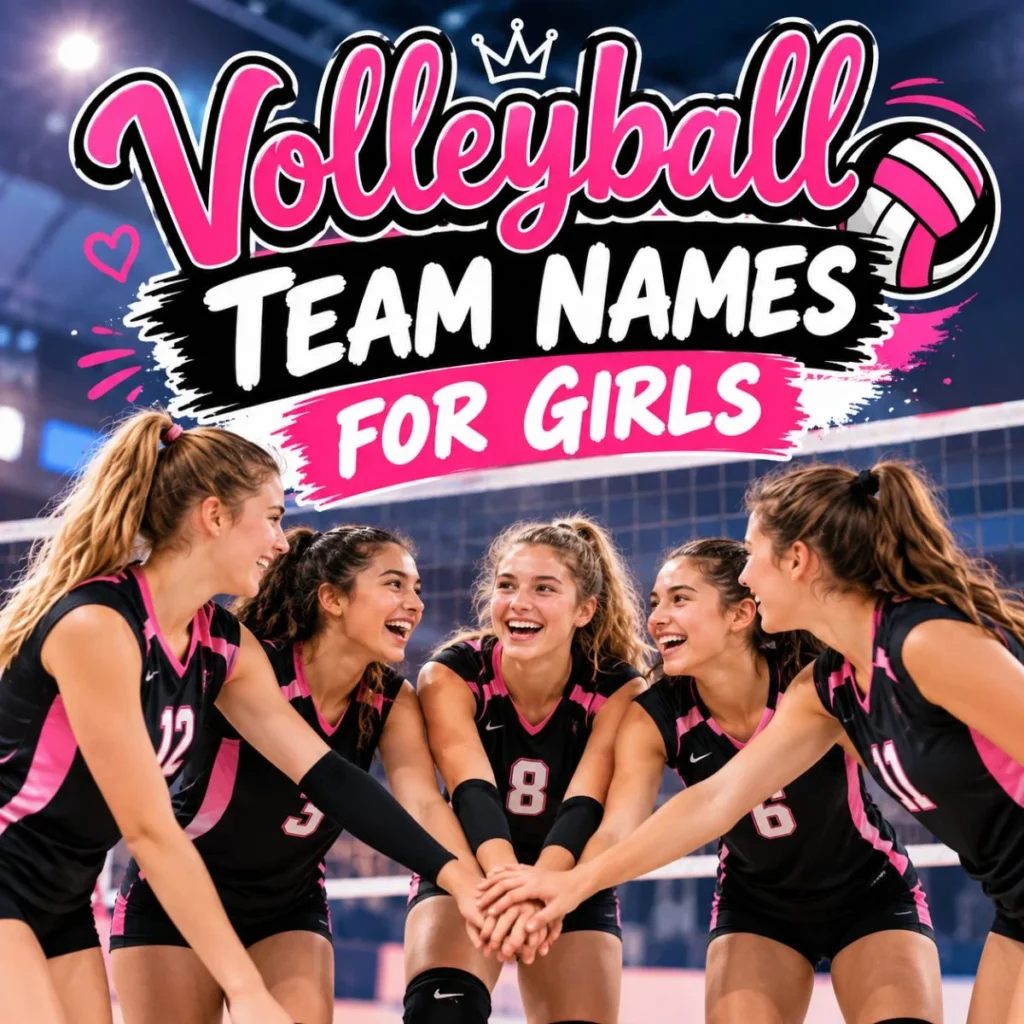 Girls volleyball team huddling together with hands stacked on a court, promoting fun team name ideas