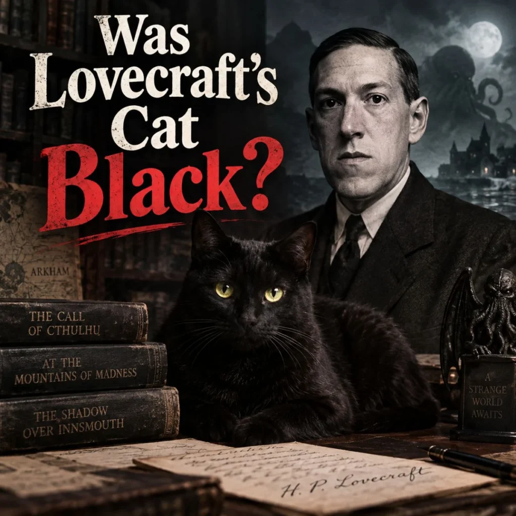H.P. Lovecraft with a black cat surrounded by gothic books and a mysterious moonlit setting
