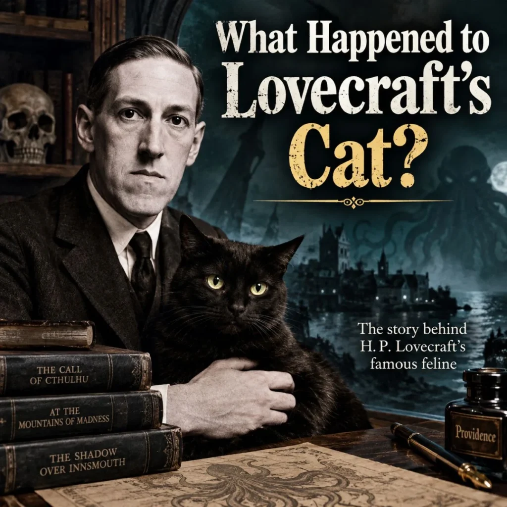 H.P. Lovecraft holding his black cat in a vintage horror-inspired scene