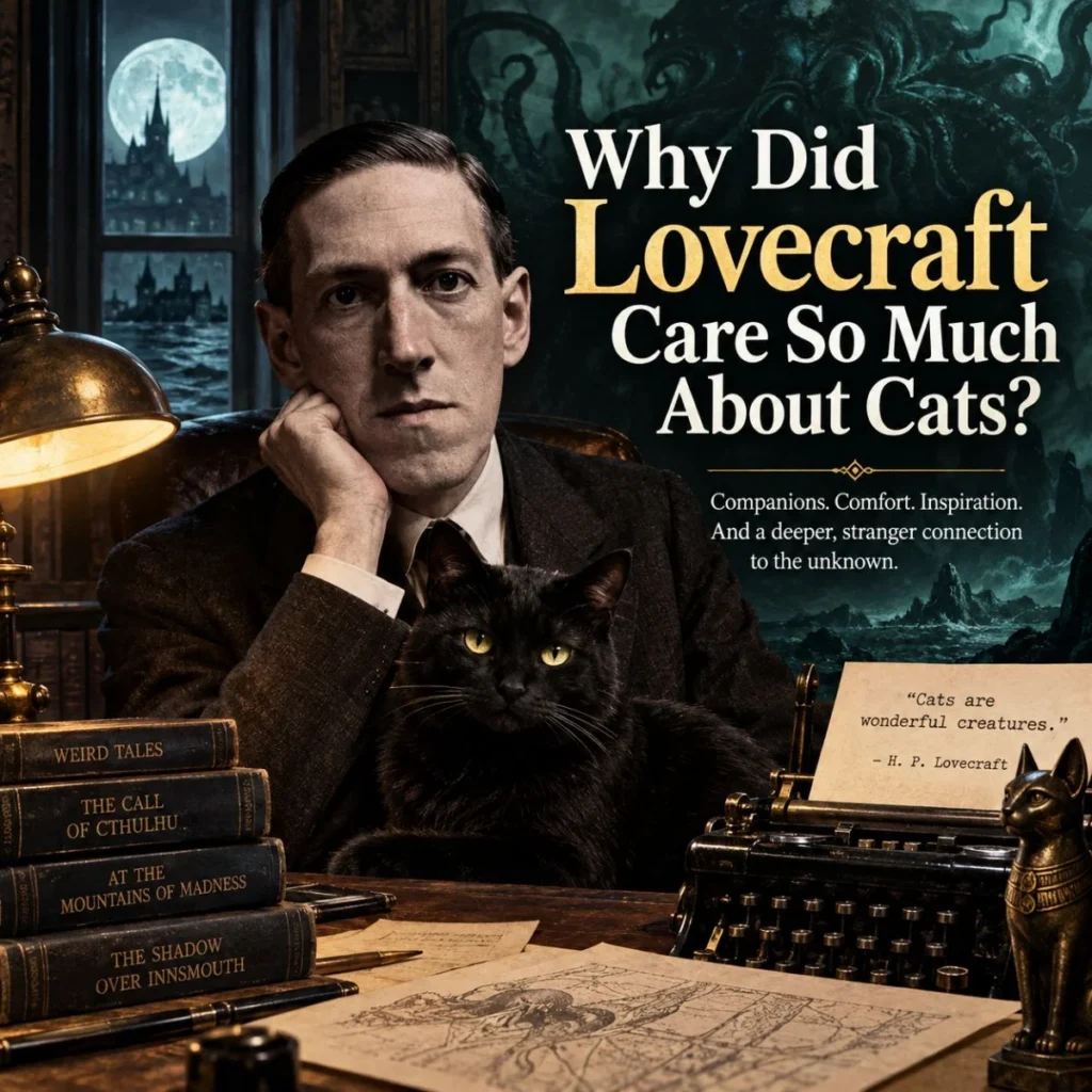 H.P. Lovecraft with a black cat, surrounded by gothic books and eerie Lovecraftian imagery