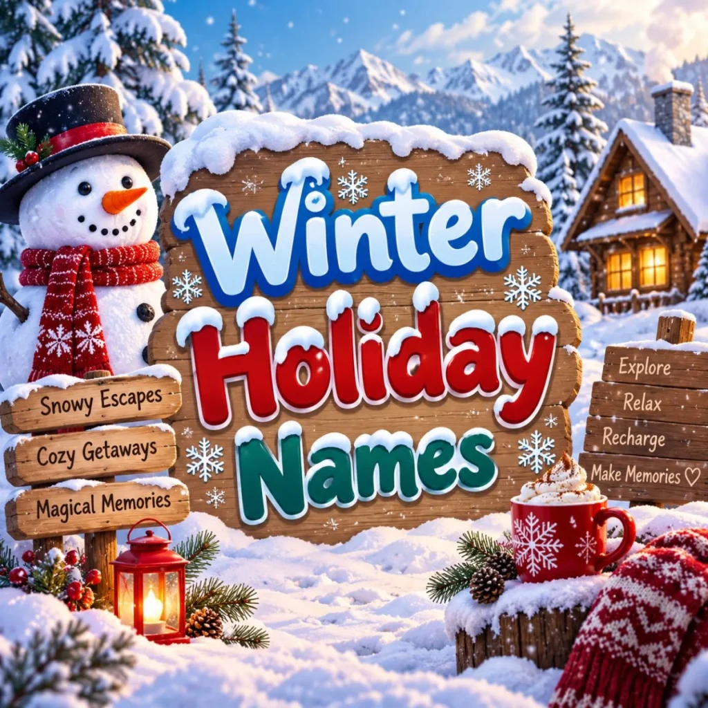 Winter Holiday Names sign with a snowman, snowy mountains, cabin, and festive winter scenery