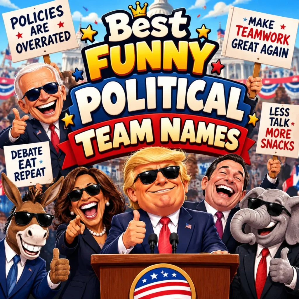 Funny political team names with humorous politicians, rally signs, and patriotic cartoon artwork