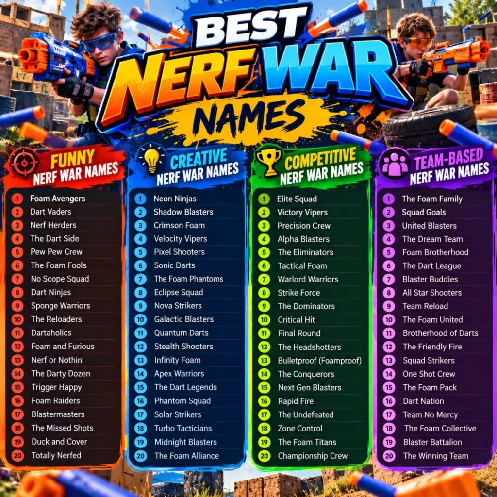 Best Nerf War Names poster with colorful blasters, players, and creative team name ideas