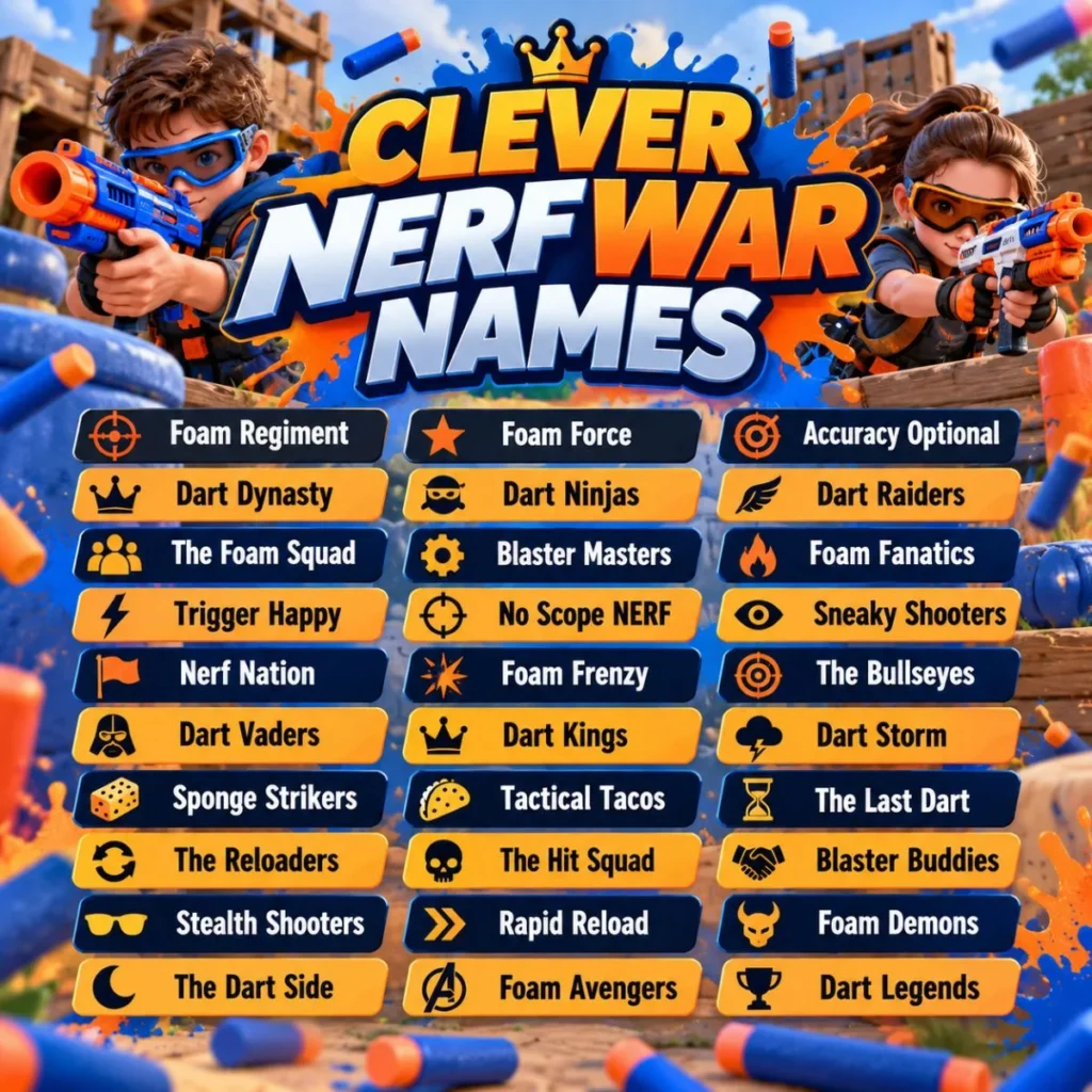 Clever Nerf war names poster with colorful blasters, foam darts, and fun team name ideas
