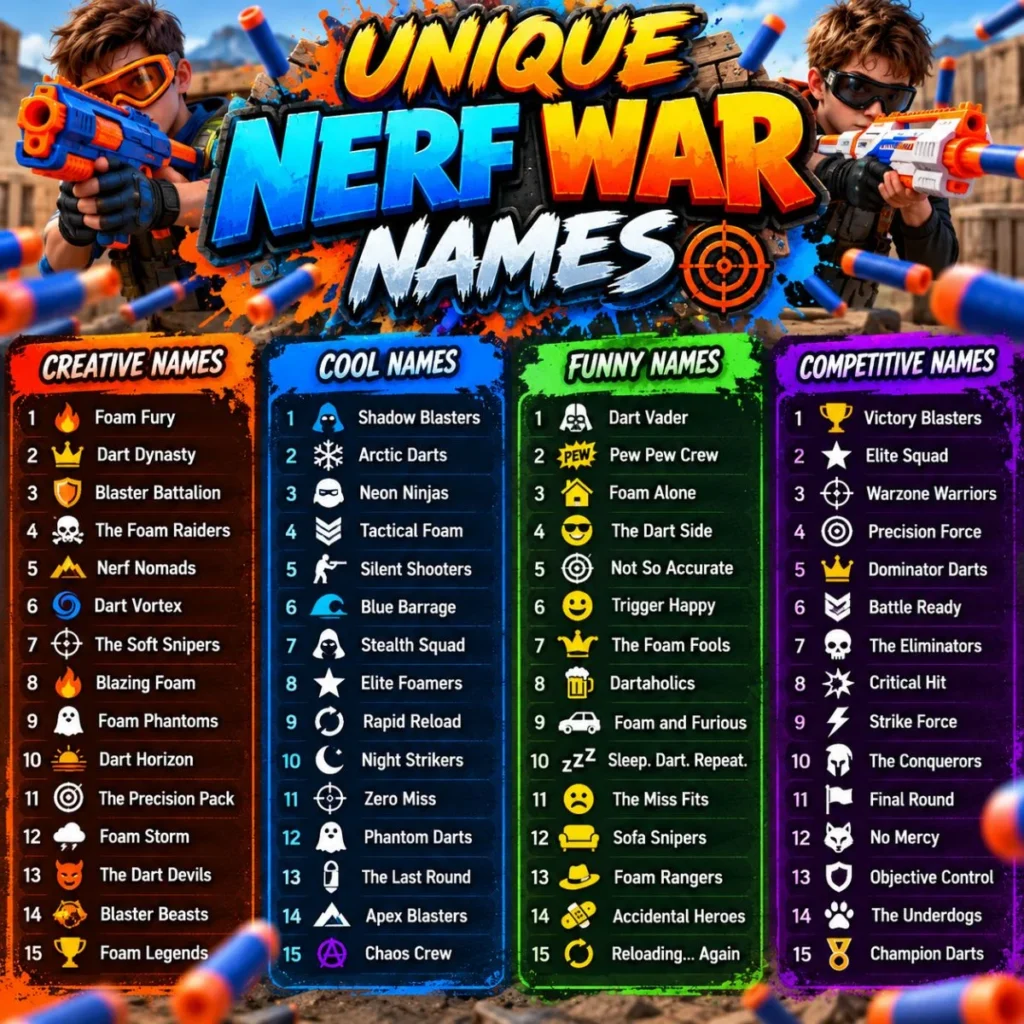 Unique Nerf war names poster with colorful team name ideas, toy blasters, foam darts, and players