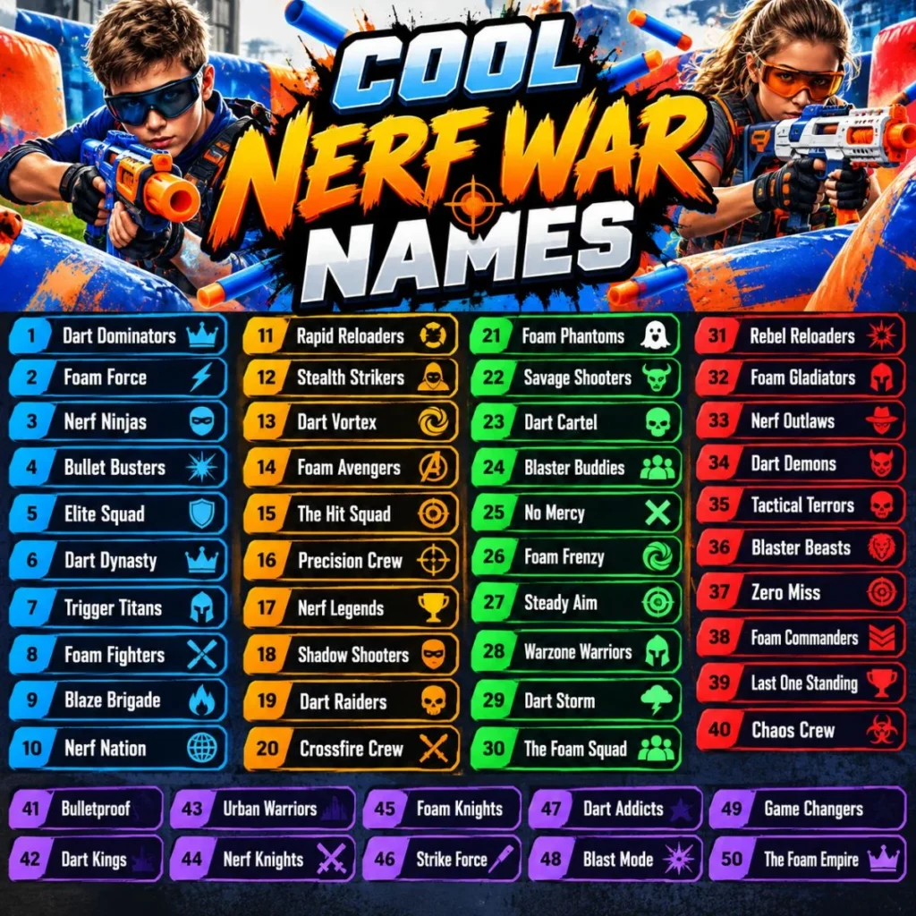 Cool Nerf War Names with colorful toy blasters and action-themed team name ideas