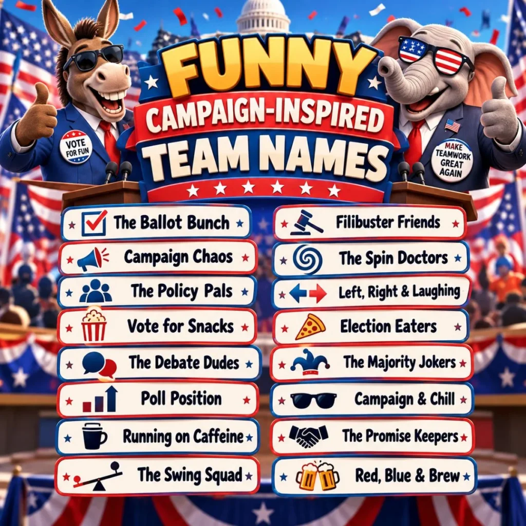 Funny campaign-inspired team names with playful political rally characters and creative name ideas
