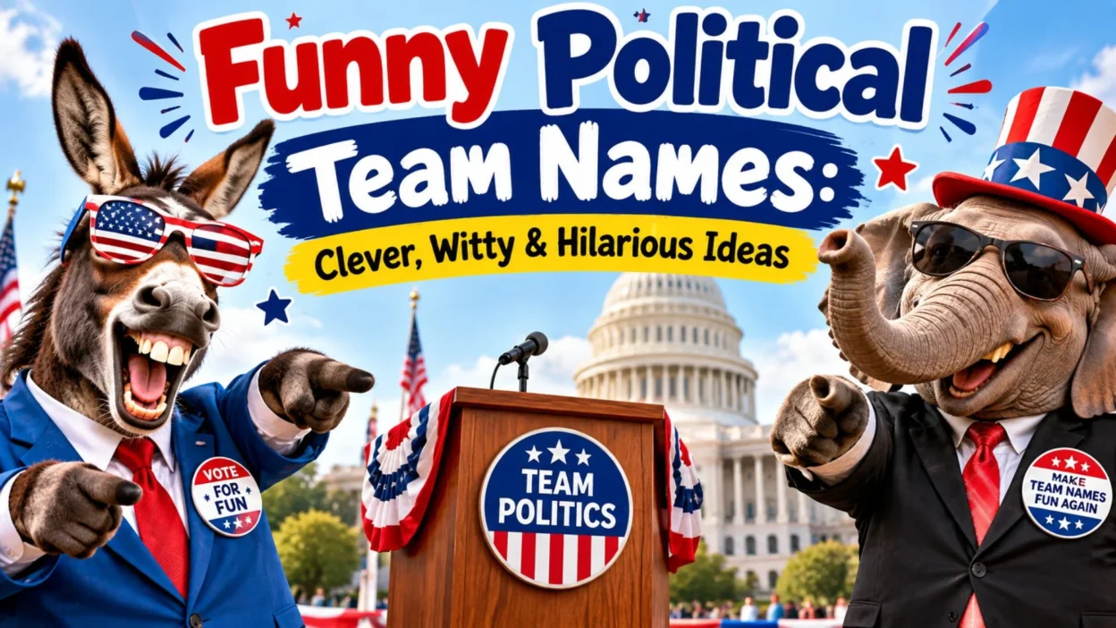 Funny political team names banner with a donkey, elephant, podium, and Capitol backdrop