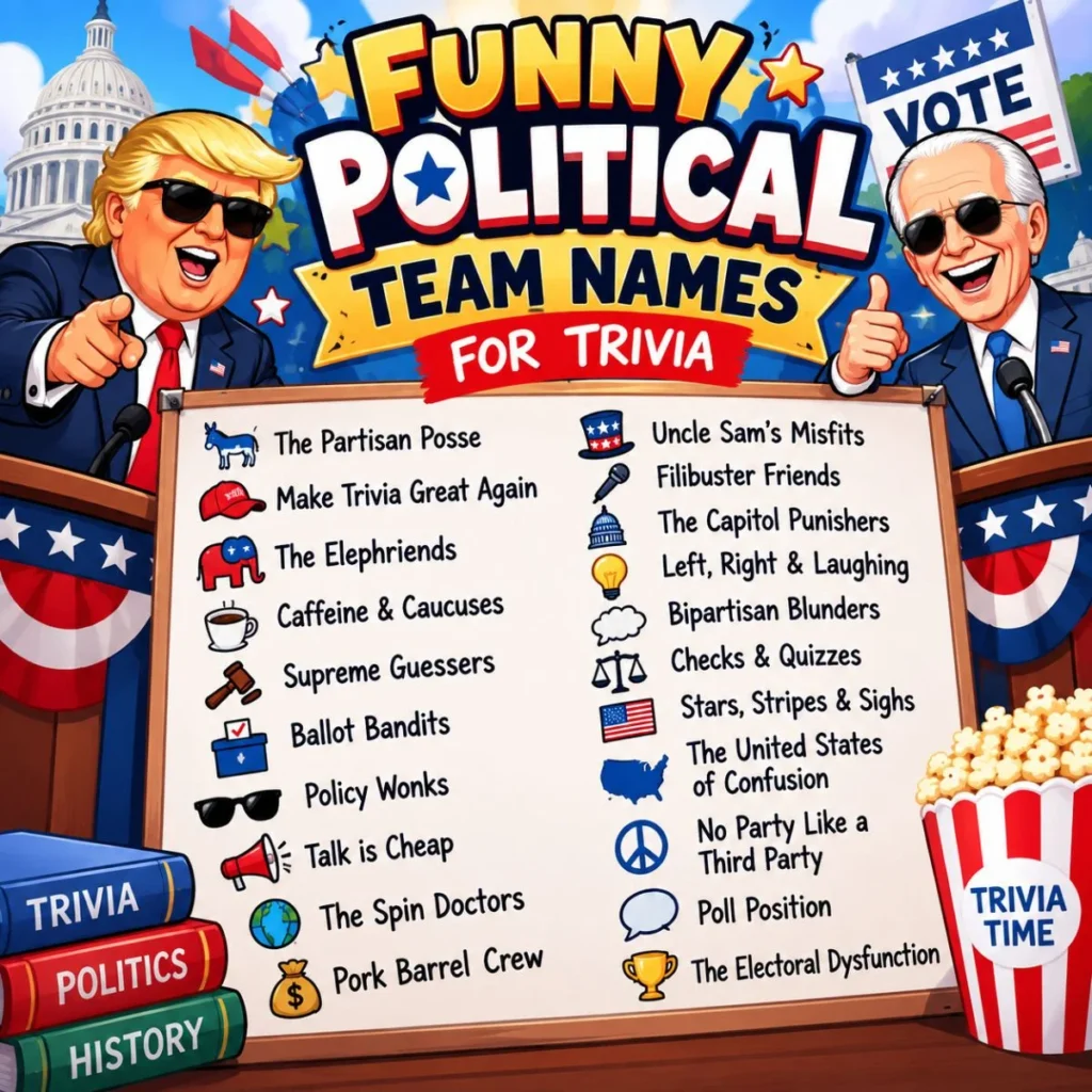 Funny political team names for trivia with colorful patriotic cartoon illustrations