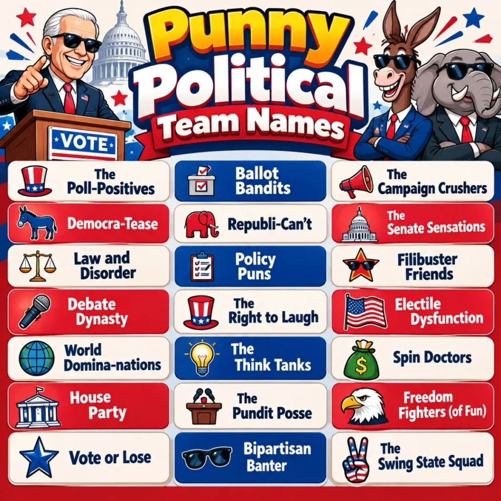Funny punny political team names with colorful election-themed cartoon characters and humorous labels
