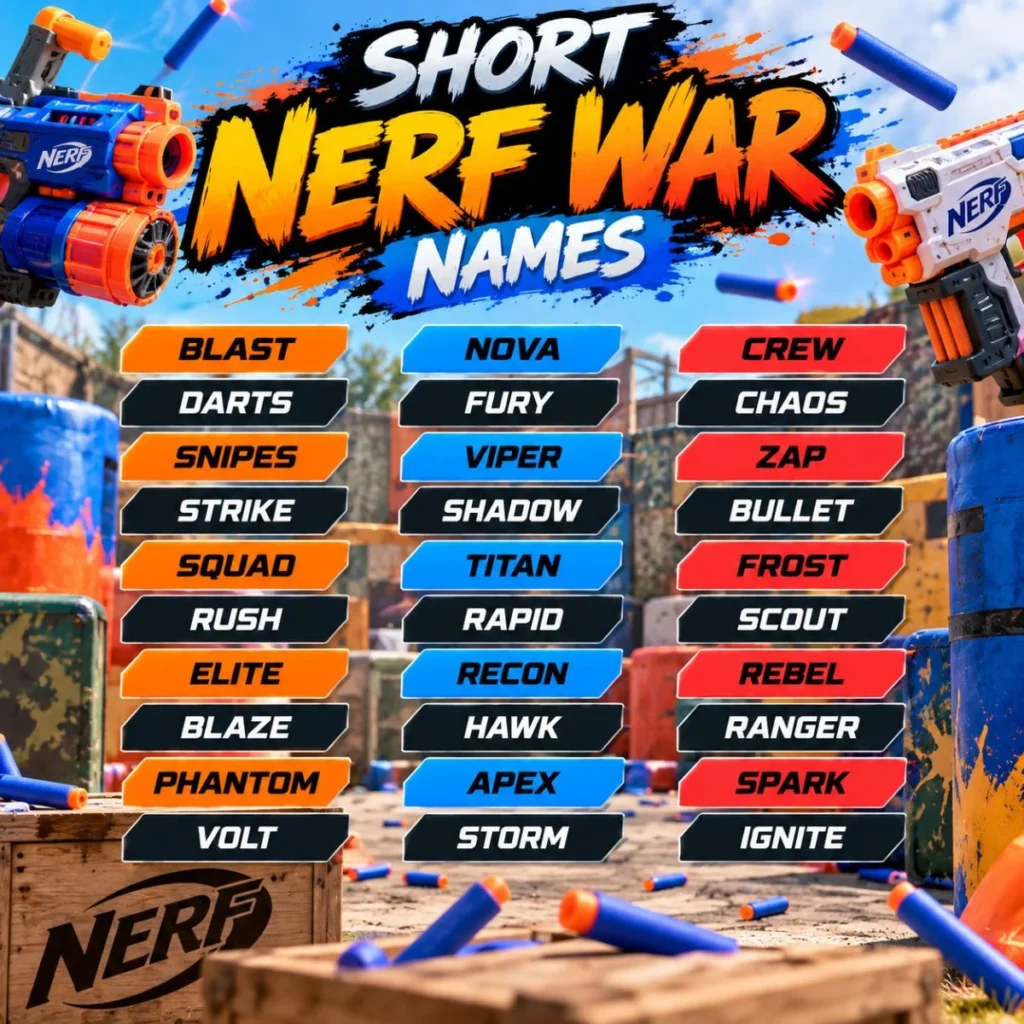 Short Nerf war names displayed on a colorful Nerf battle arena poster