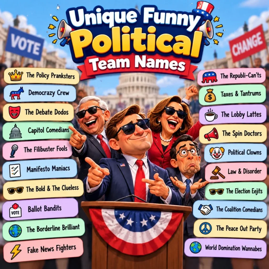 Unique funny political team names with humorous politicians, campaign signs, and colorful patriotic graphics